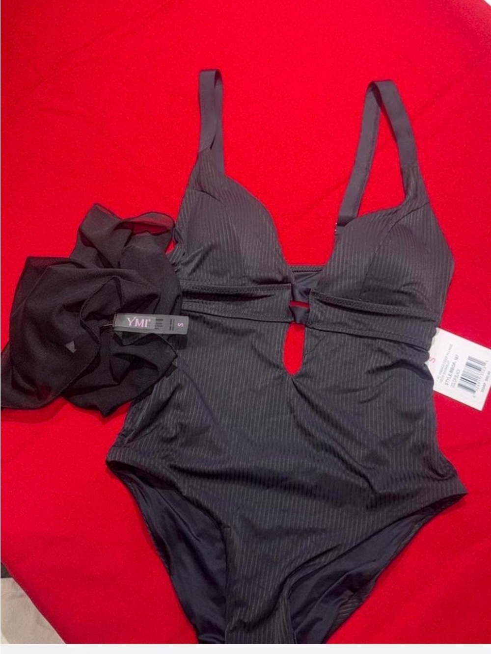 YMI Black Pinstripe One-Piece Swimsuit with Cover up included